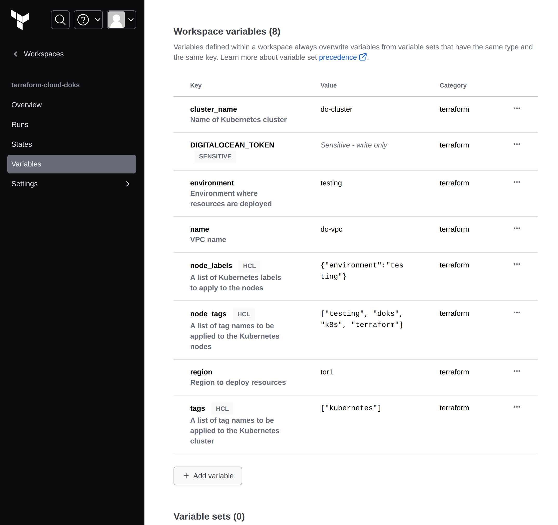 added variables Terraform Cloud